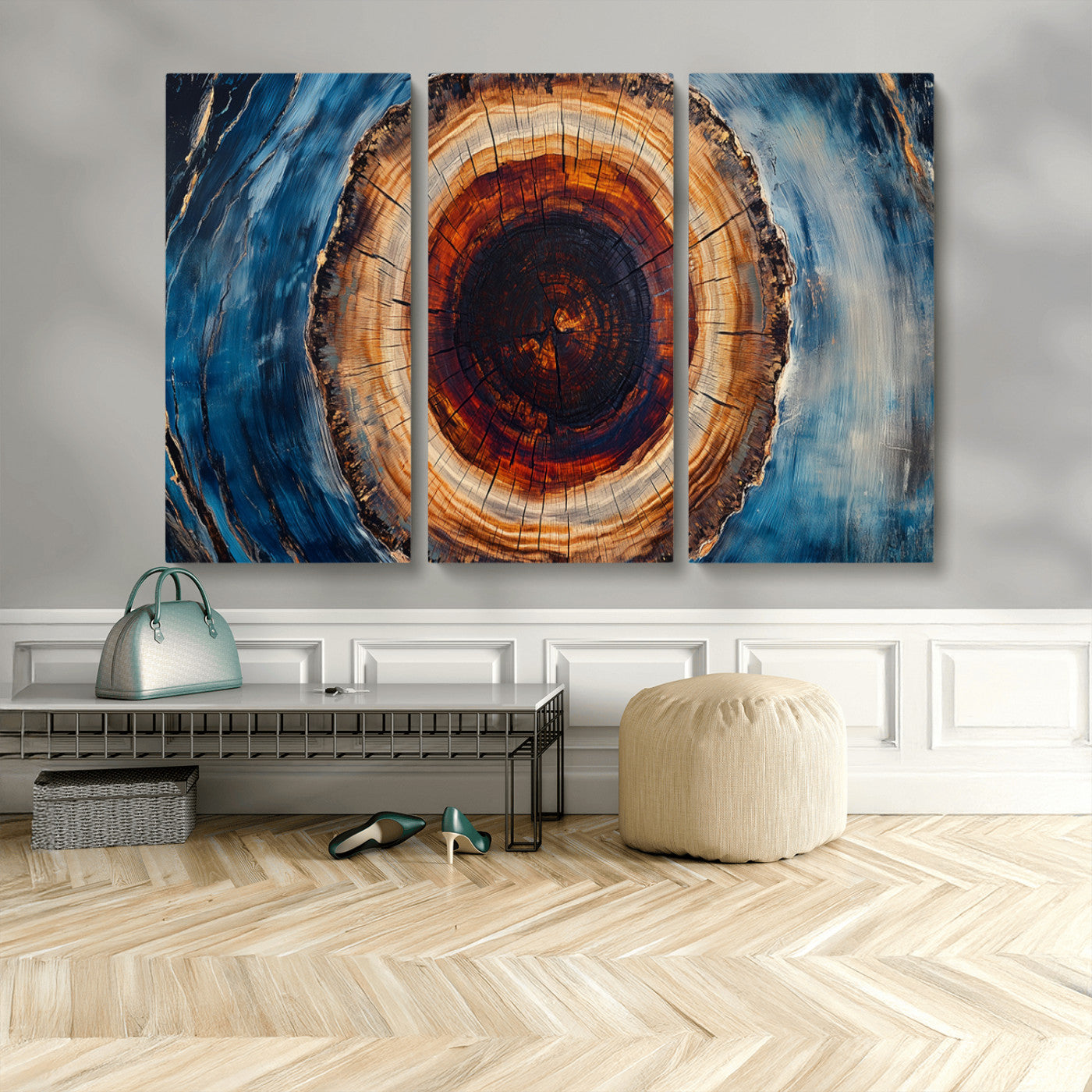 30457-MGV-CV-48X32-3P-Tree Ring Abstract Wall Art – Blue and Brown Wood Grain Canvas Print, Modern Nature Inspired Painting for Rustic Living Room,