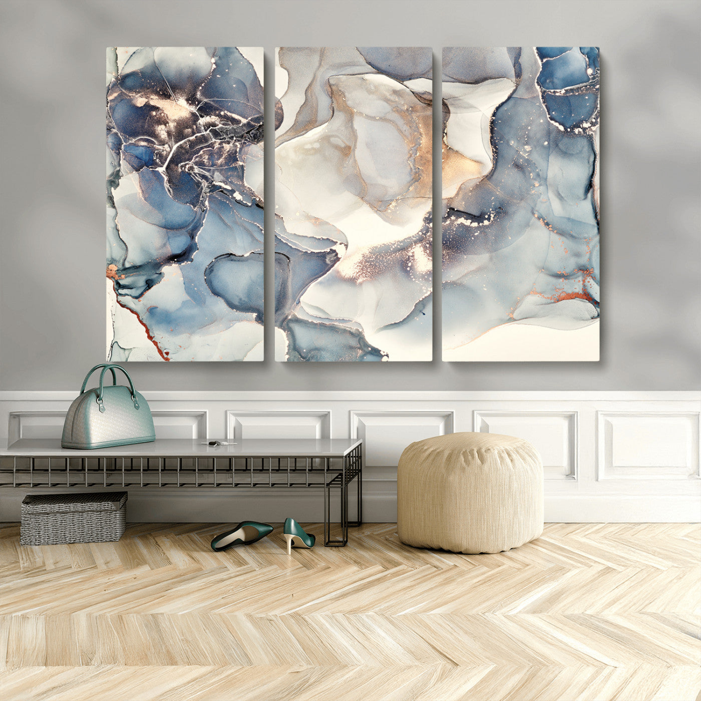 51497-MGV-CV-36X24-Abstract Blue and Gold Wall Art – Modern Fluid Ink Style Canvas Print, Elegant Contemporary Decor for Living Room, Office