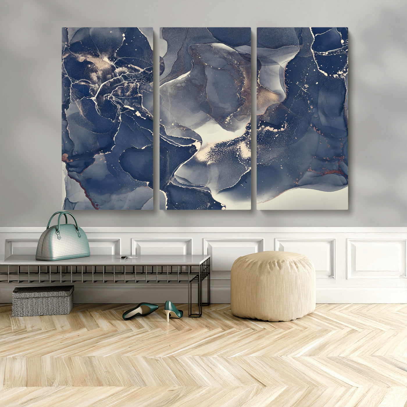 28282-MGV-CV-36X24-Blue Abstract Wall Art – Modern Ink Swirl Canvas Print, Contemporary Navy and Gold Painting for Living Room, Bedroom, Office or