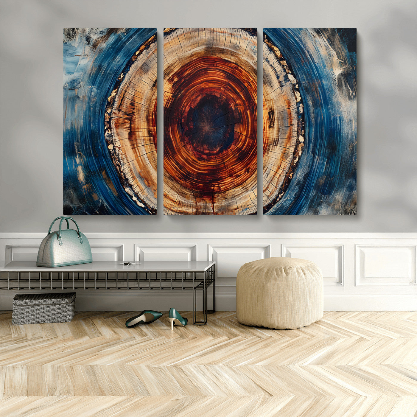 90395-MGV-CV-36X24-Tree Ring Wall Art – Abstract Wood Grain Canvas Print with Fiery Red and Blue Tones, Bold Rustic Nature Inspired Artwork Decor for