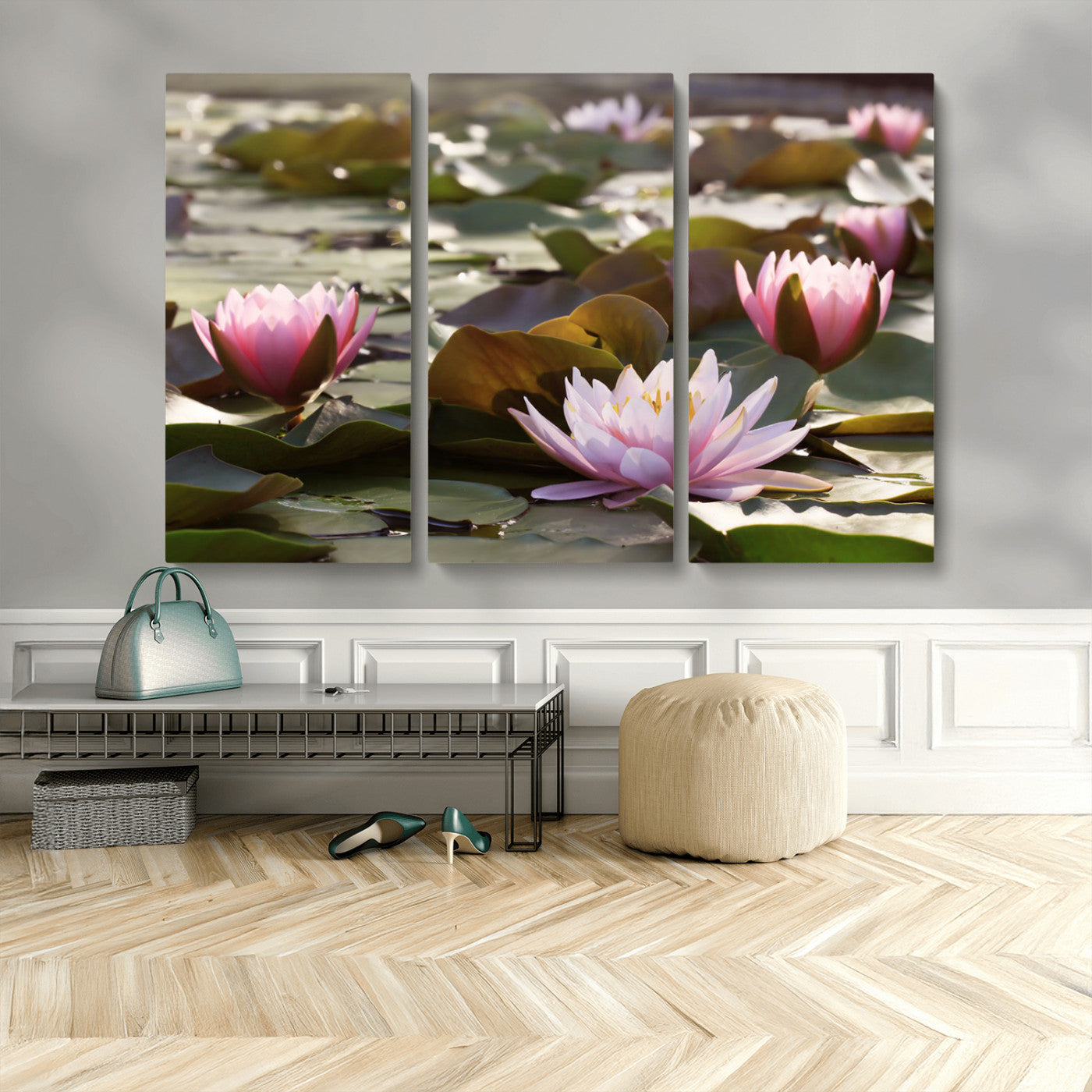 72218-MGV-CV-48X32-3P-Water Lily Pond Wall Art – Pink Lotus Flowers Canvas Print with Green Lily Pads, Peaceful Botanical Artwork for Living Room,