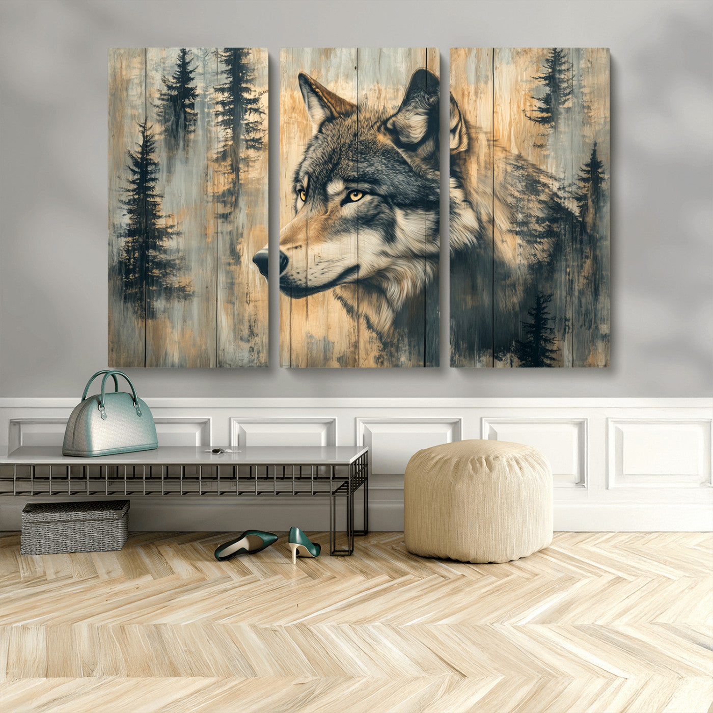 51892-MGV-CV-36X24-Wolf Wall Art – Rustic Canvas Print of Wolf with Forest Trees on Wood Texture, Wildlife Lodge Artwork for Living Room, Bedroom,