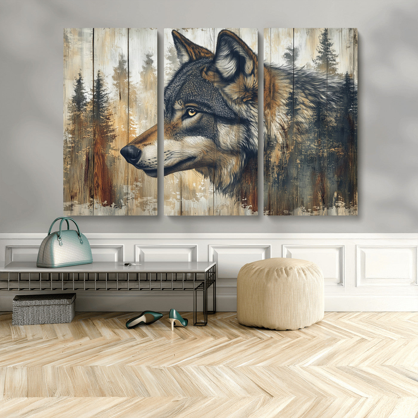 91882-MGV-CV-48X32-3P-Wolf Wall Art – Rustic Canvas Print of Forest Wolf on Wood Background, Wildlife Lodge Artwork for Living Room, Bedroom, Cabin, or