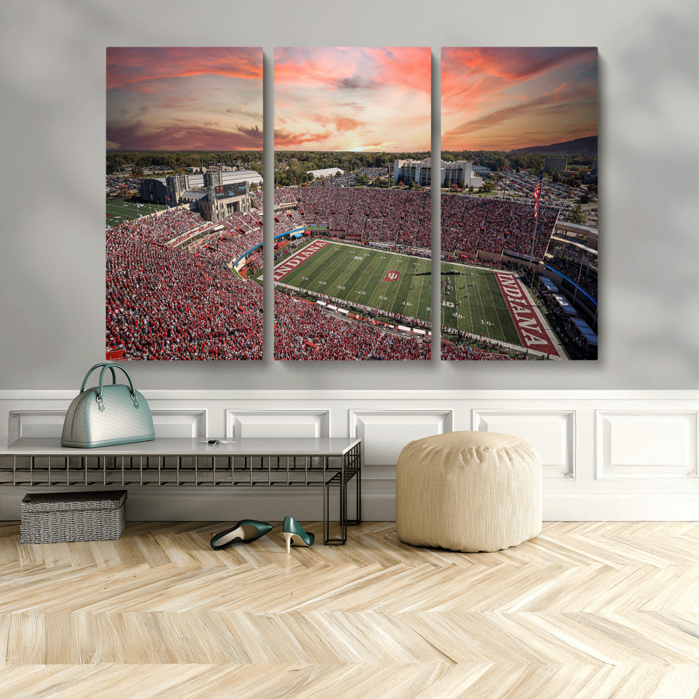 51135-MGV-CV-48X32-3P-Indiana Hoosiers Stadium Wall Art – Panoramic Football Canvas Print with Game Day Crowd and Sunset Sky, Sports Artwork for Man