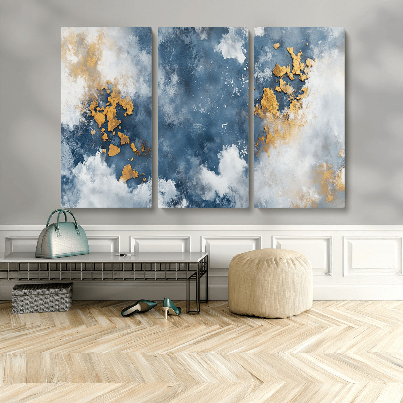 39575-MGV-CV-48X32-3P-Blue and Gold Abstract Wall Art – Modern Canvas Print Featuring Cloudy Textures with Metallic Accents, Contemporary Artwork for