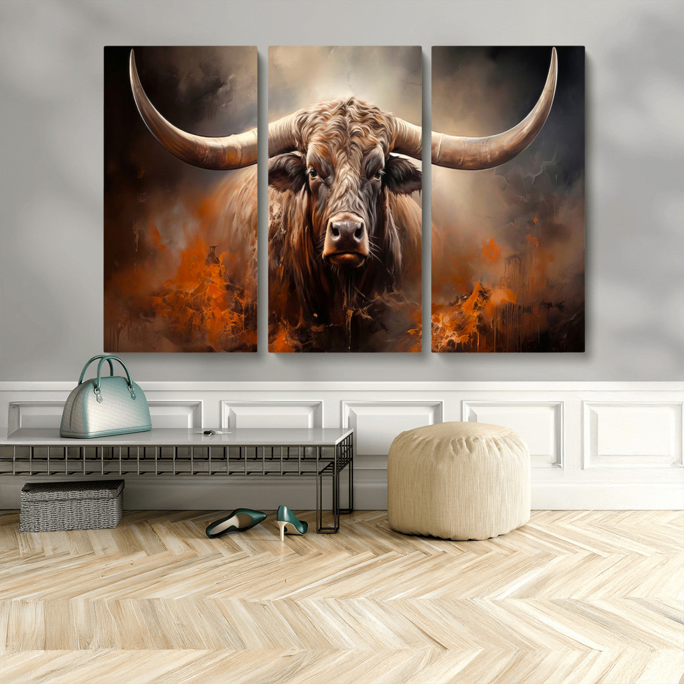 240479-MGV-CV-48X32-3P-Longhorn Bull Wall Art – Dramatic Western Canvas Print Featuring Horned Bull with Fiery Background, Rustic Farmhouse Artwork for