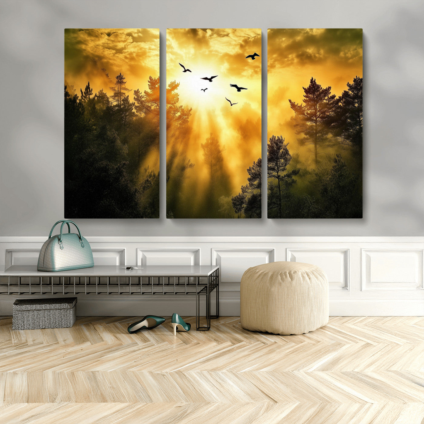 13776802-MGV-CV-48X32-3P-Golden Forest Wall Art Canvas Print, Framed Sunset Pines Art Picture Print, Flying Birds Perfect Nature Glow Decor Artwork