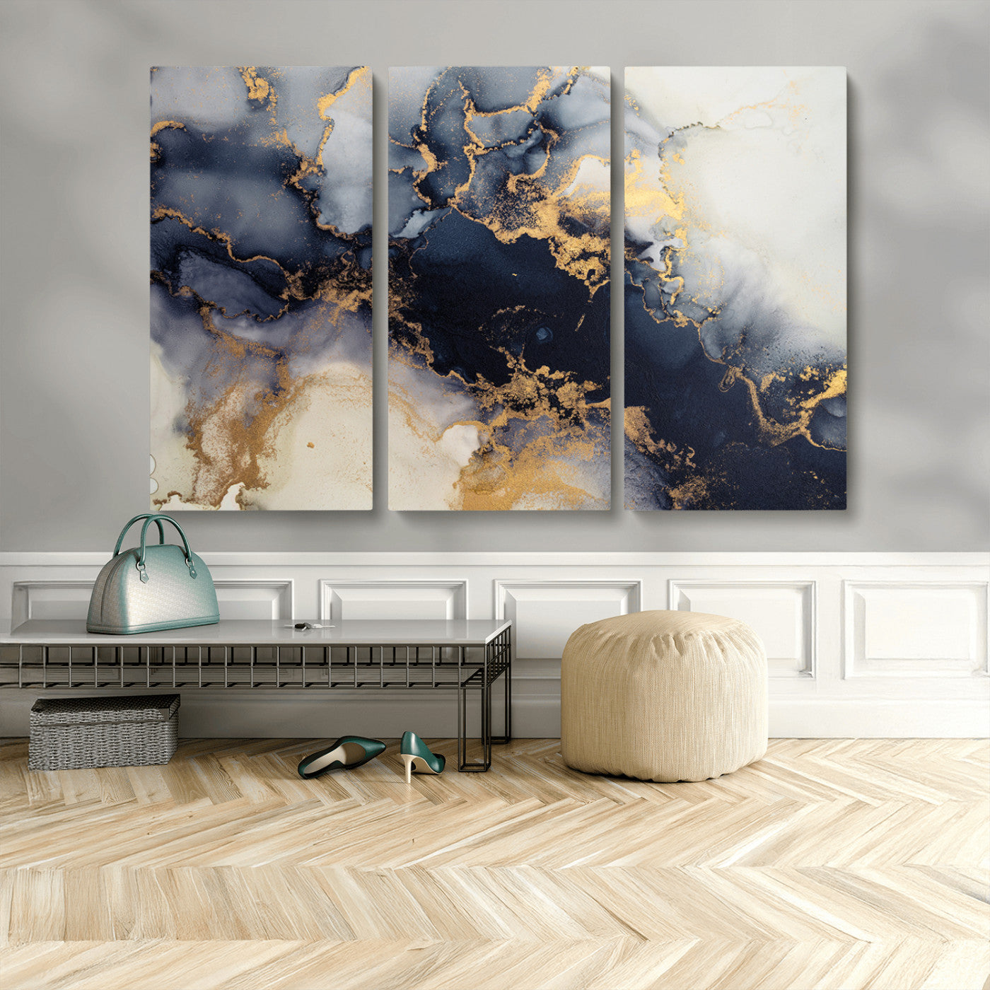 41136487-MGV-CV-36X24-Black Marble Wall Art Canvas Print, Framed Gold Veins Art Picture Print, Abstract Texture Perfect Moody Luxe Decor Artwork