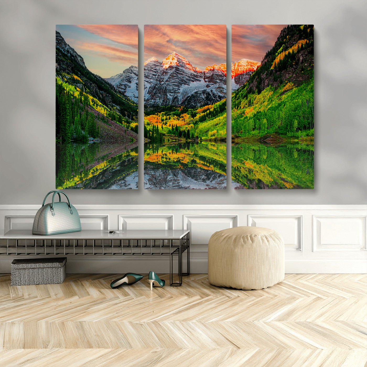 59533484-MGV-CV-48X32-3P-Maroon Bells Autumn Wall Art – Panoramic Mountain Landscape Canvas Print, Sunset Reflection Nature Artwork for Living Room, Office