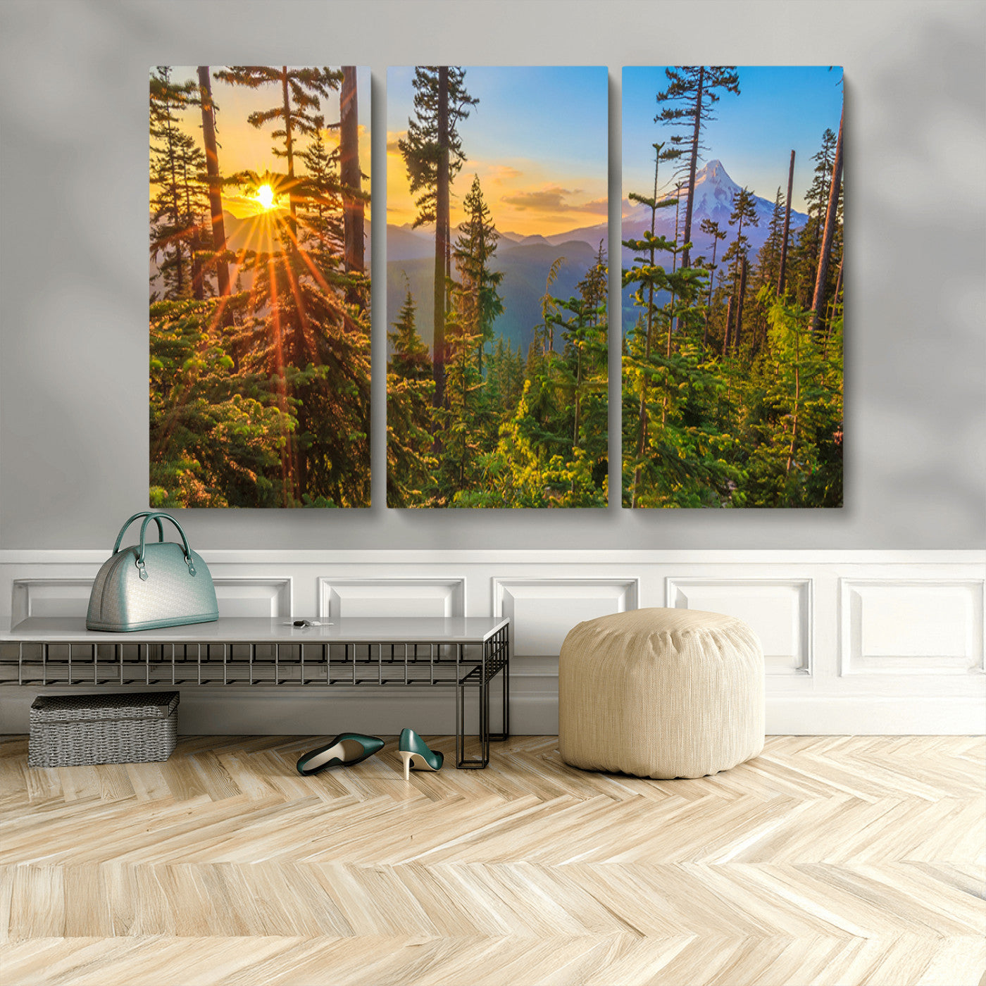83544043-MGV-CV-48X32-3P-Forest Sunset Wall Art Canvas Print, Framed Sunset Trees Art Picture Print, Green Pines Perfect Rustic Nature Decor Artwork