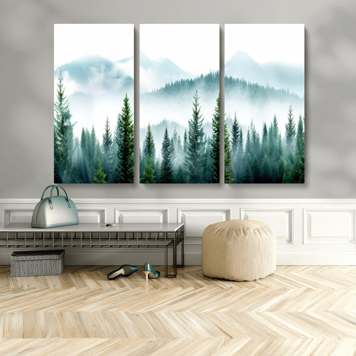 16716676-MGV-CV-36X24-Pine Forest Wall Art Canvas Print, Framed Misty Mountains Art Picture Print, Foggy Trees Perfect Moody Forest Decor Artwork
