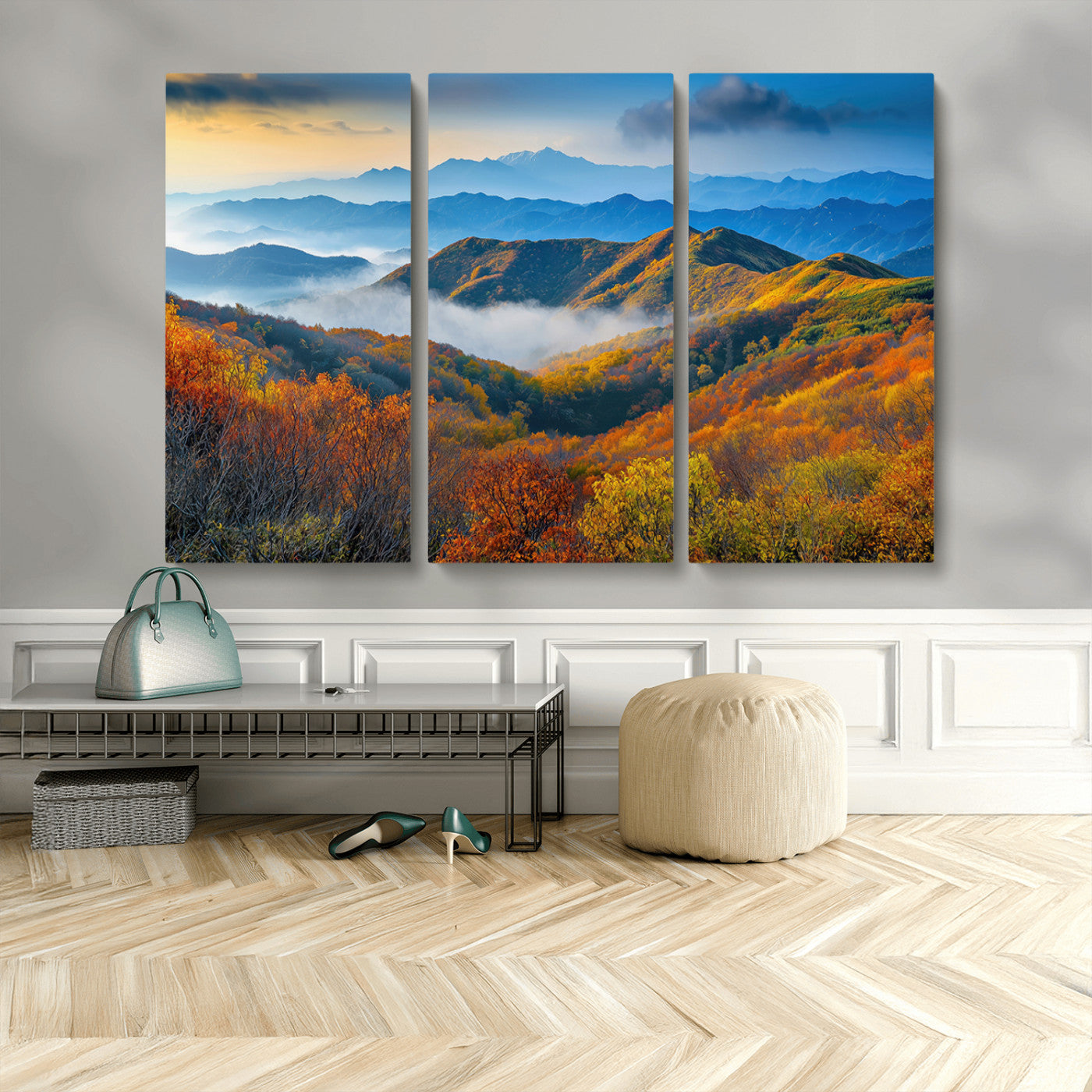 86772247-MGV-CV-48X32-3P-Autumn Mountains Wall Art Canvas Print, Framed Fall Foliage Art Picture Print, Vibrant Hills Perfect Vibrant Nature Decor Artwork