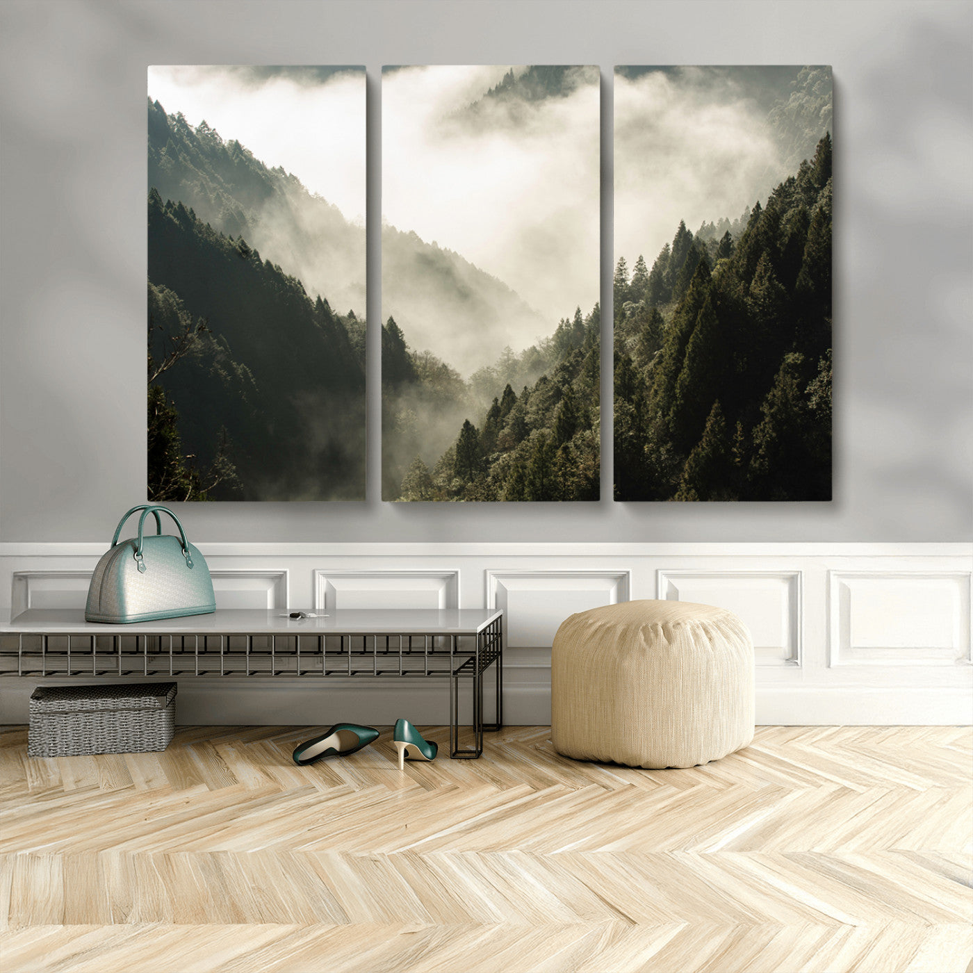 57570237-MGV-CV-48X32-3P-Misty Valley Wall Art Canvas Print, Framed Foggy Forest Art Picture Print, Pine Trees Perfect Moody Woodland Decor Artwork