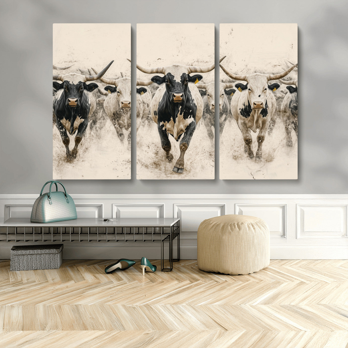 61538944-MGV-CV-48X32-3P-Texas Longhorn Wall Art Canvas Print, Framed Cattles Walking Art Picture Print, Black White Bulls Perfect Rustic Western Decor