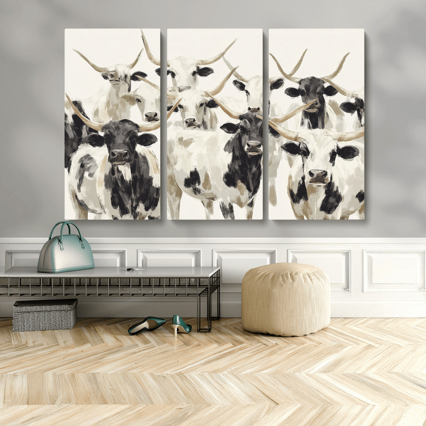 52947970-MGV-CV-36X24-Texas Longhorn Wall Art Canvas Print, Framed Cattle Herd Art Picture Print, Herd Portrait Perfect Modern Farmhouse Decor Artwork