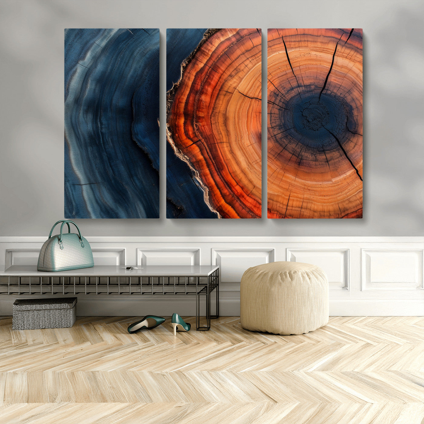 57732250-MGV-CV-48X32-3P-Tree Ring Abstract Wall Art – Blue Orange Wood Grain Canvas Print, Modern Rustic Nature Artwork for Living Room, Office,