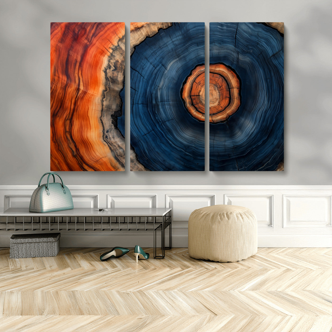 72209152-MGV-CV-48X32-3P-Abstract Tree Ring Wall Art – Vibrant Blue Orange Wood Grain Canvas Print, Rustic Modern Nature Artwork for Living Room, Office,