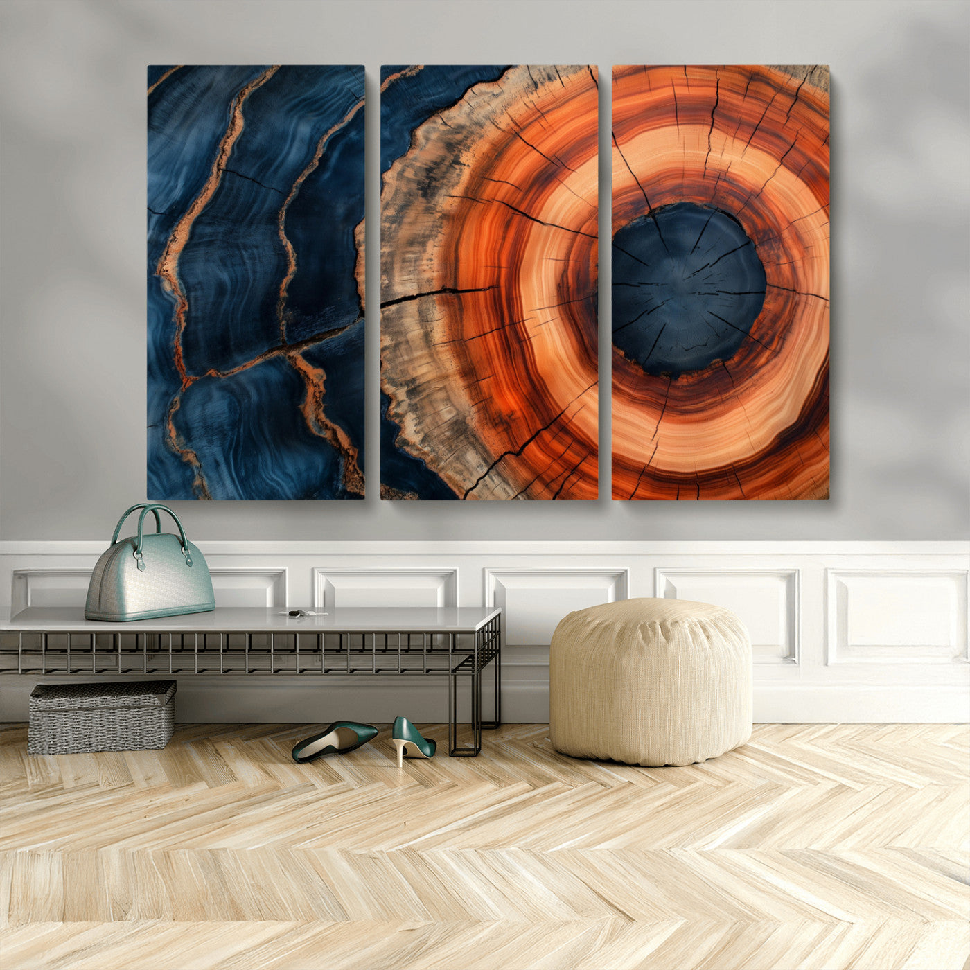 41123192-MGV-CV-48X32-3P-Tree Ring Canvas Wall Art – Abstract Blue Orange Wood Grain Print, Rustic Modern Nature Artwork for Living Room, Bedroom, Office