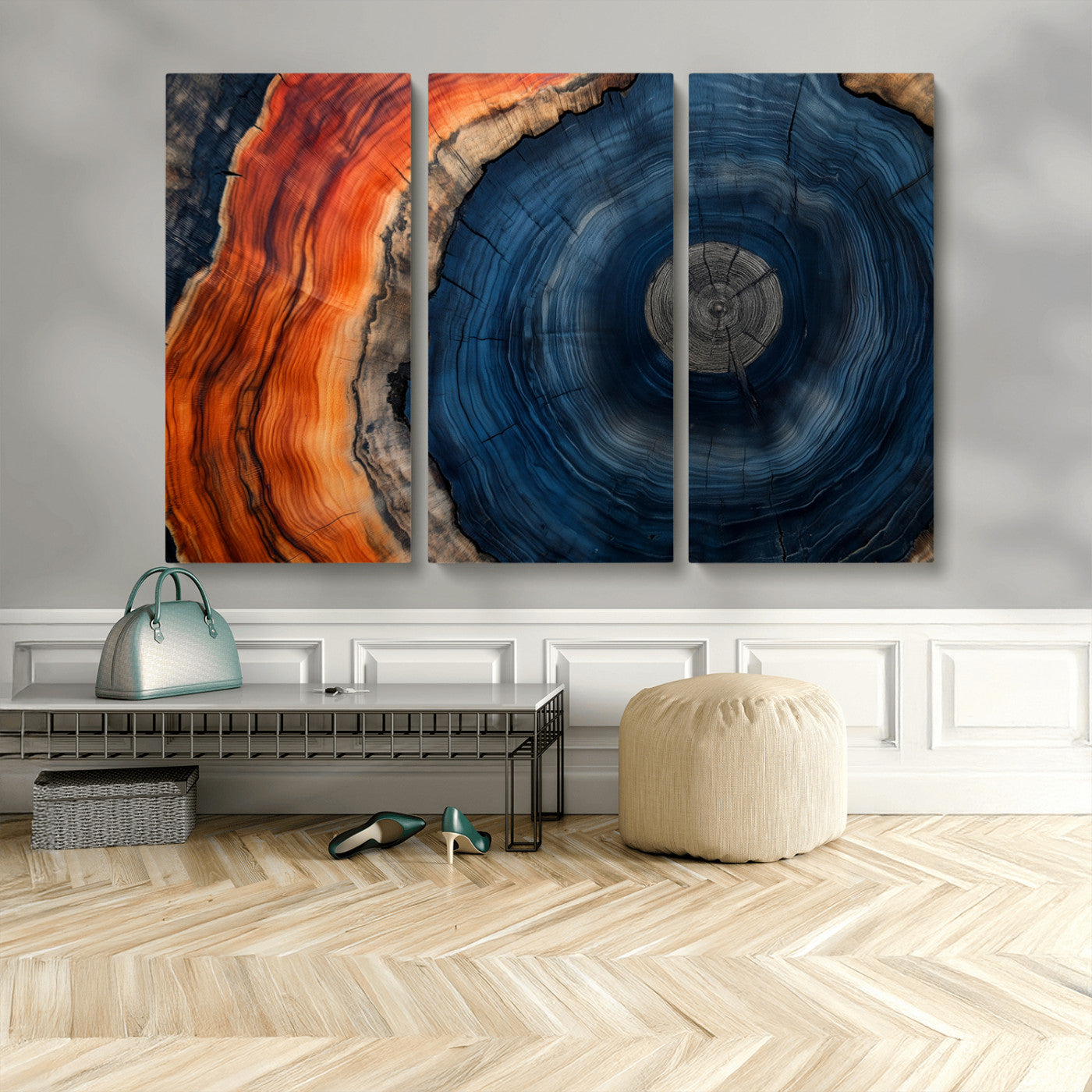 99491700-MGV-CV-48X32-3P-Tree Ring Canvas Wall Art – Blue Orange Abstract Wood Grain Print, Rustic Modern Nature Artwork for Living Room, Office, Bedroom