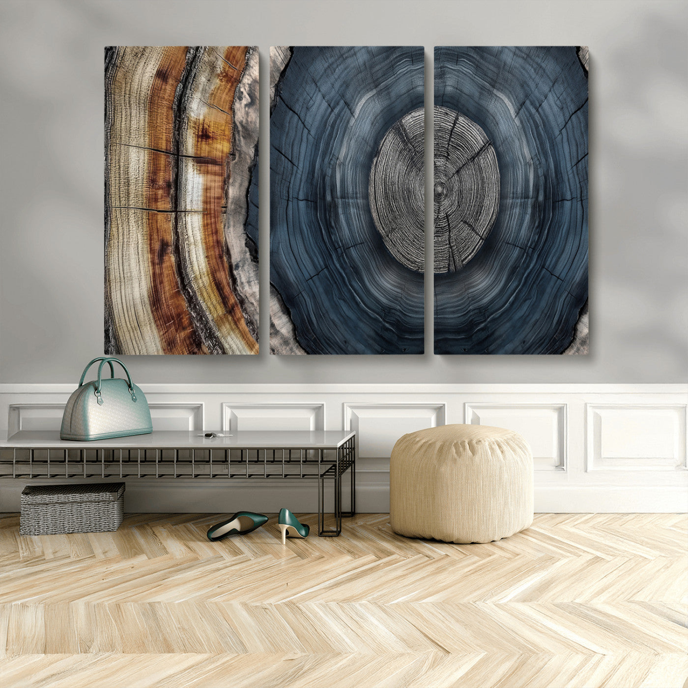 91368647-MGV-CV-48X32-3P-Smoky Blue Tree Ring Wall Art – Rustic Wood Cross Section Canvas Print, Modern Nature Inspired Decor for Living Room, Office, or