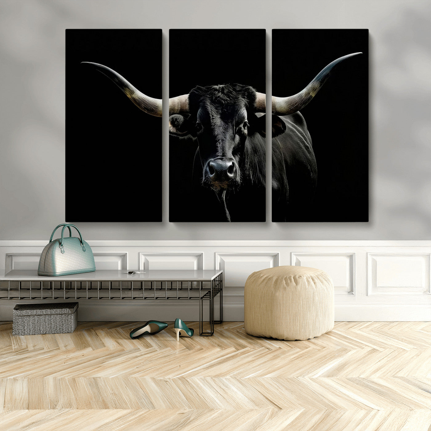 37531960-MGV-CV-48X32-3P-Black Longhorn Bull Wall Art – Dramatic Western Cattle Canvas Print, Rustic Farmhouse Animal Artwork for Living Room, Bedroom,