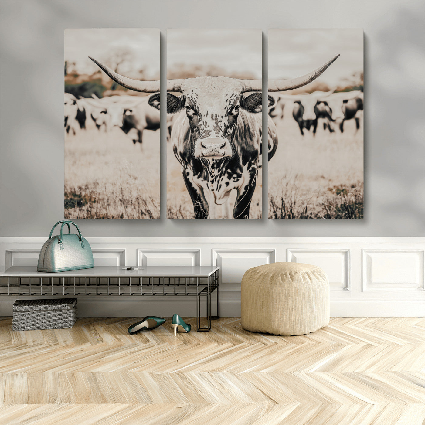 27497342-MGV-CV-36X24-Texas Longhorn Wall Art Canvas Print, Framed Speckled Cow Art Picture Print, Horned Cattle Perfect Rustic Western Decor Artwork