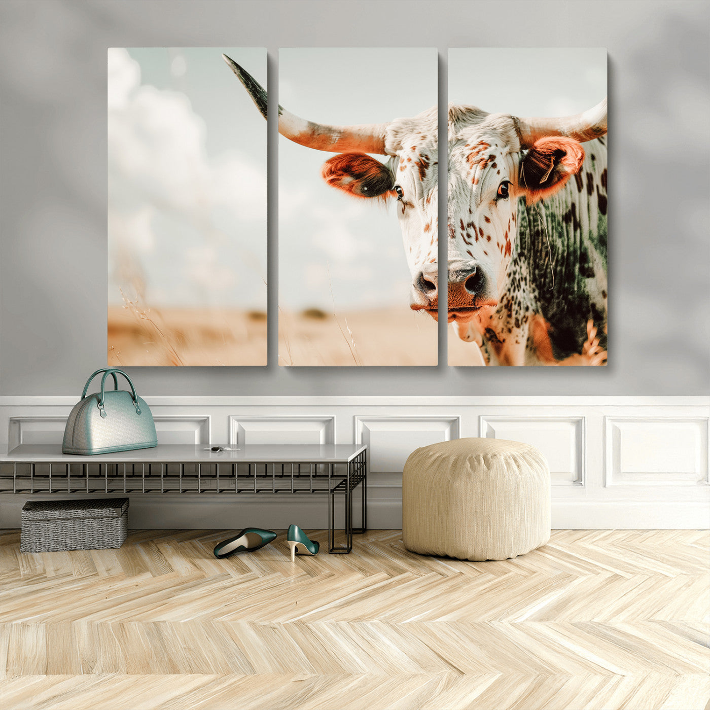 72766375-MGV-CV-48X32-3P-Texas Longhorn Wall Art Canvas Print, Framed Spotted Cow Art Picture Print, Horned Cattle Perfect Rustic Western Decor Artwork