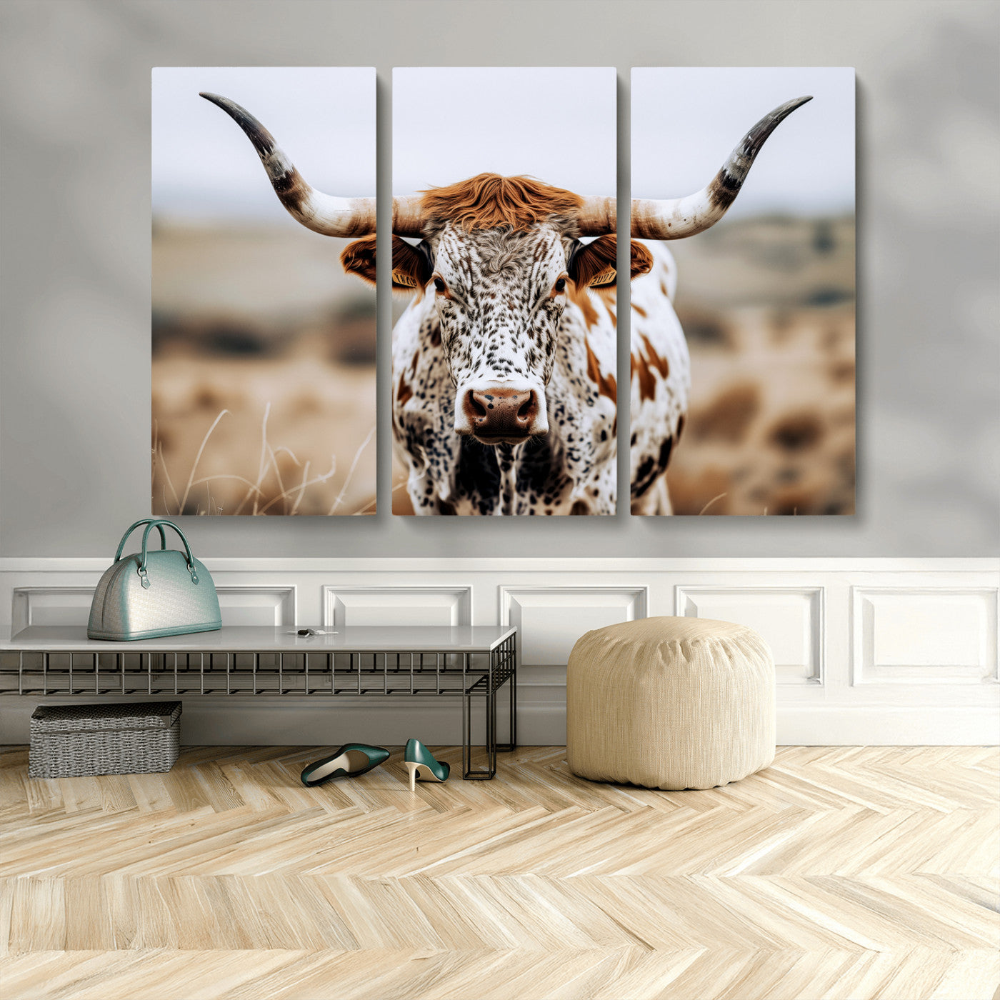 76294381-MGV-CV-36X24-Texas Longhorn Wall Art Canvas Print, Framed Spotted Cow Art Picture Print, Horned Cattle Perfect Rustic Western Decor Artwork