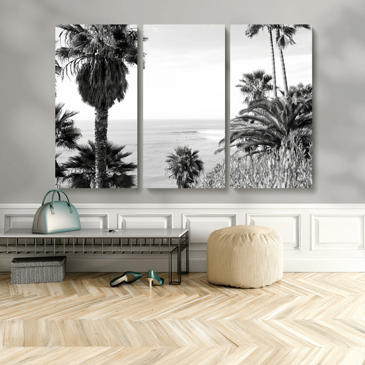 89458520-MGV-CV-36X24-Palm Trees Wall Art Canvas Print, Framed Coastal View Art Picture Print, Ocean Horizon Perfect Monochrome Coast Decor Artwork
