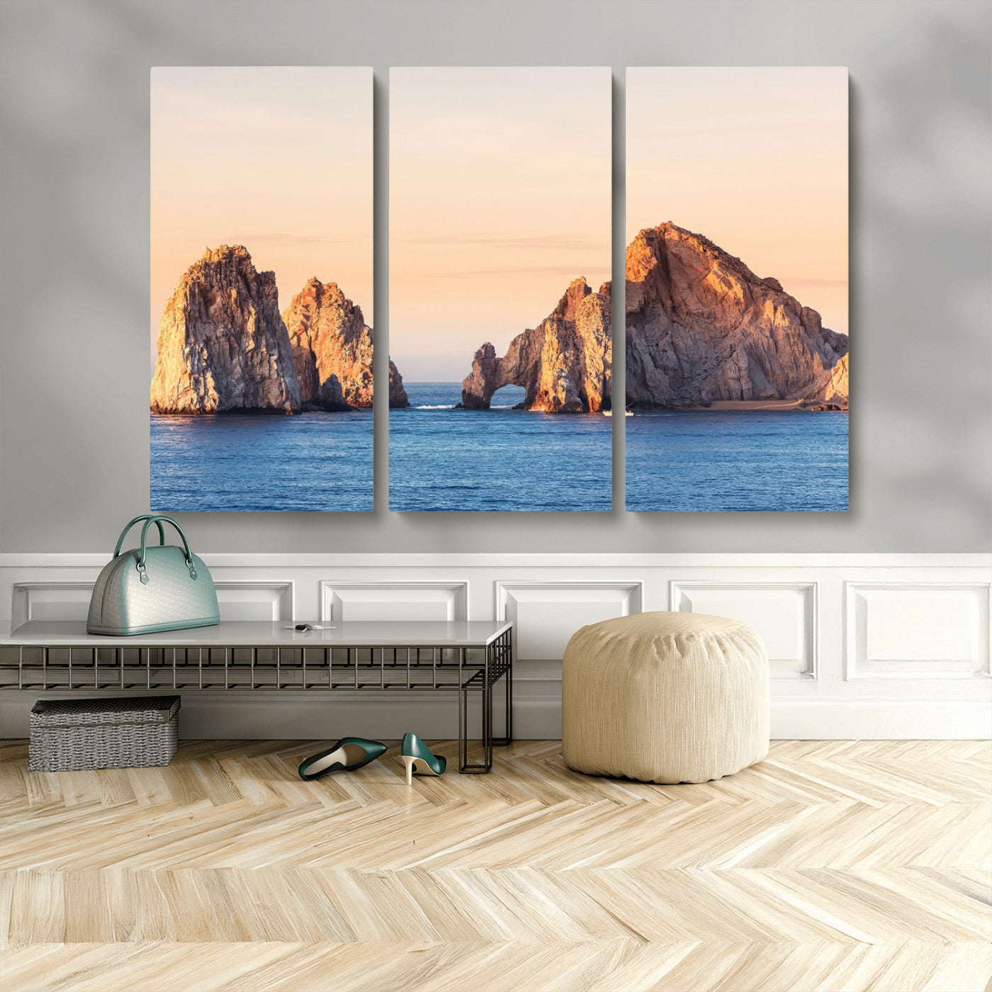 72996116-MGV-CV-36X24-El Arco Wall Art Canvas Print, Framed Cabo Rocks Art Picture Print, Ocean Arch Perfect Golden Coastal Landmark Decor Artwork