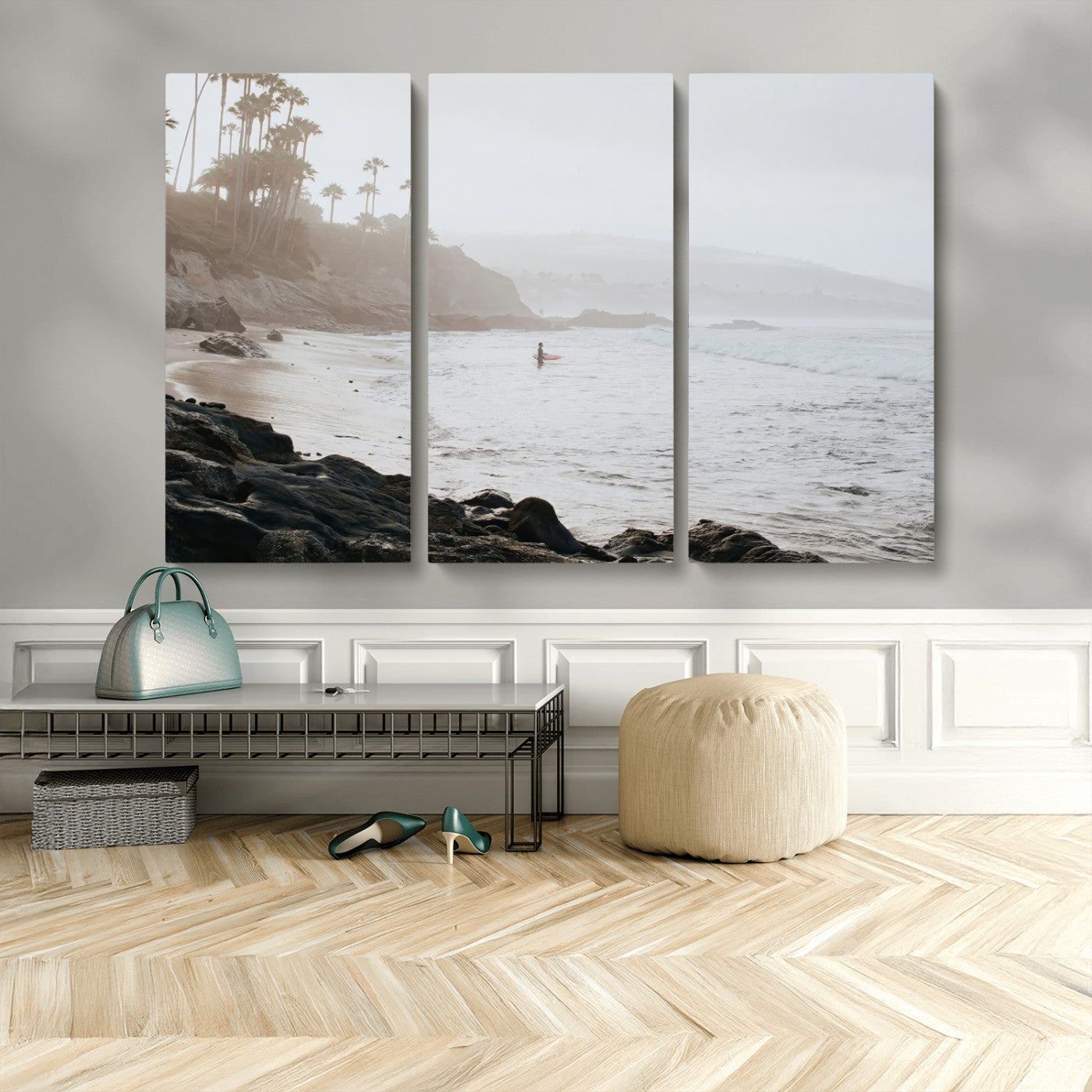 62501405-MGV-CV-36X24-Misty Beach Wall Art Canvas Print, Framed California Surfer Art Picture Print, Coastal Cliff Perfect Coastal Beach Decor Artwork