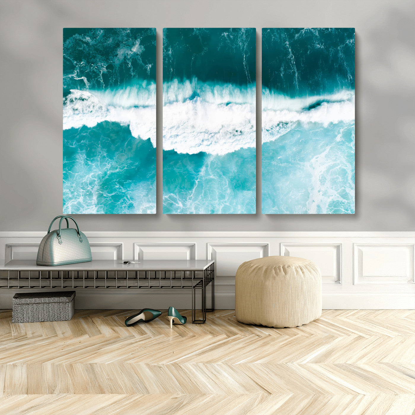 23828594-MGV-CV-36X24-Aerial Waves Wall Art Canvas Print, Framed Ocean Break Art Picture Print, Sea Foam Perfect Tropical Coastal Decor Artwork