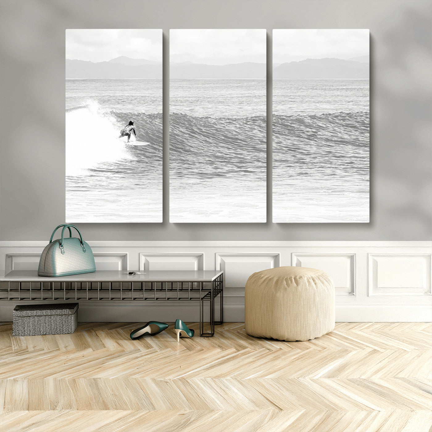 81535128-MGV-CV-36X24-Surfer Woman Wall Art Canvas Print, Framed Black Ocean Art Picture Print, Ocean Surfing Perfect Monochrome Coastal Decor Artwork