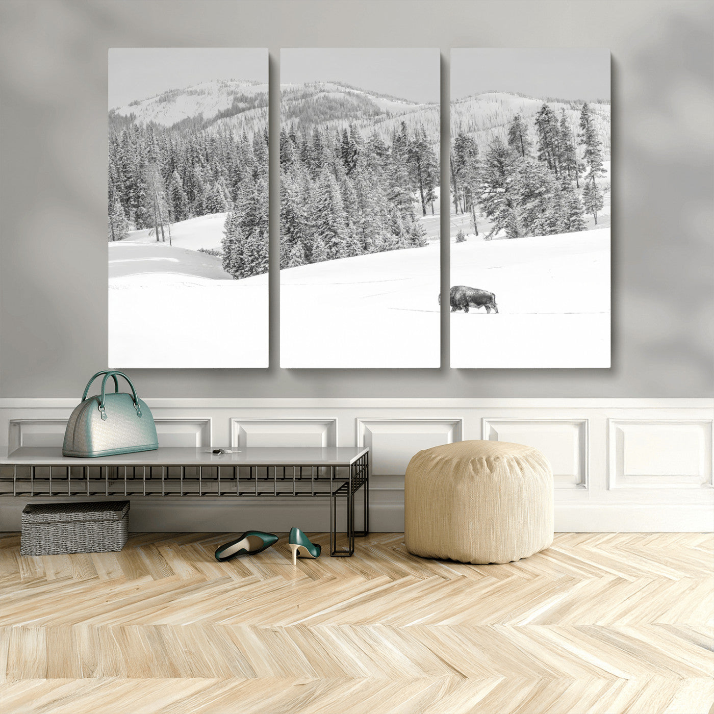 68081143-MGV-CV-48X32-3P-Snowy Bison Wall Art Canvas Print, Framed Winter Forest Art Picture Print, Lone Bison Perfect Monochrome Winter Wild Decor Artwork