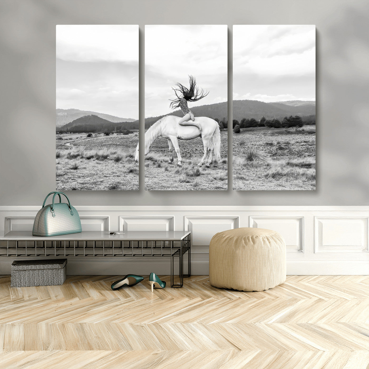 62789800-MGV-CV-36X24-White Horse Wall Art Canvas Print, Framed Woman Rider Art Picture Print, Equestrian Pose Perfect Western Boho Decor Artwork