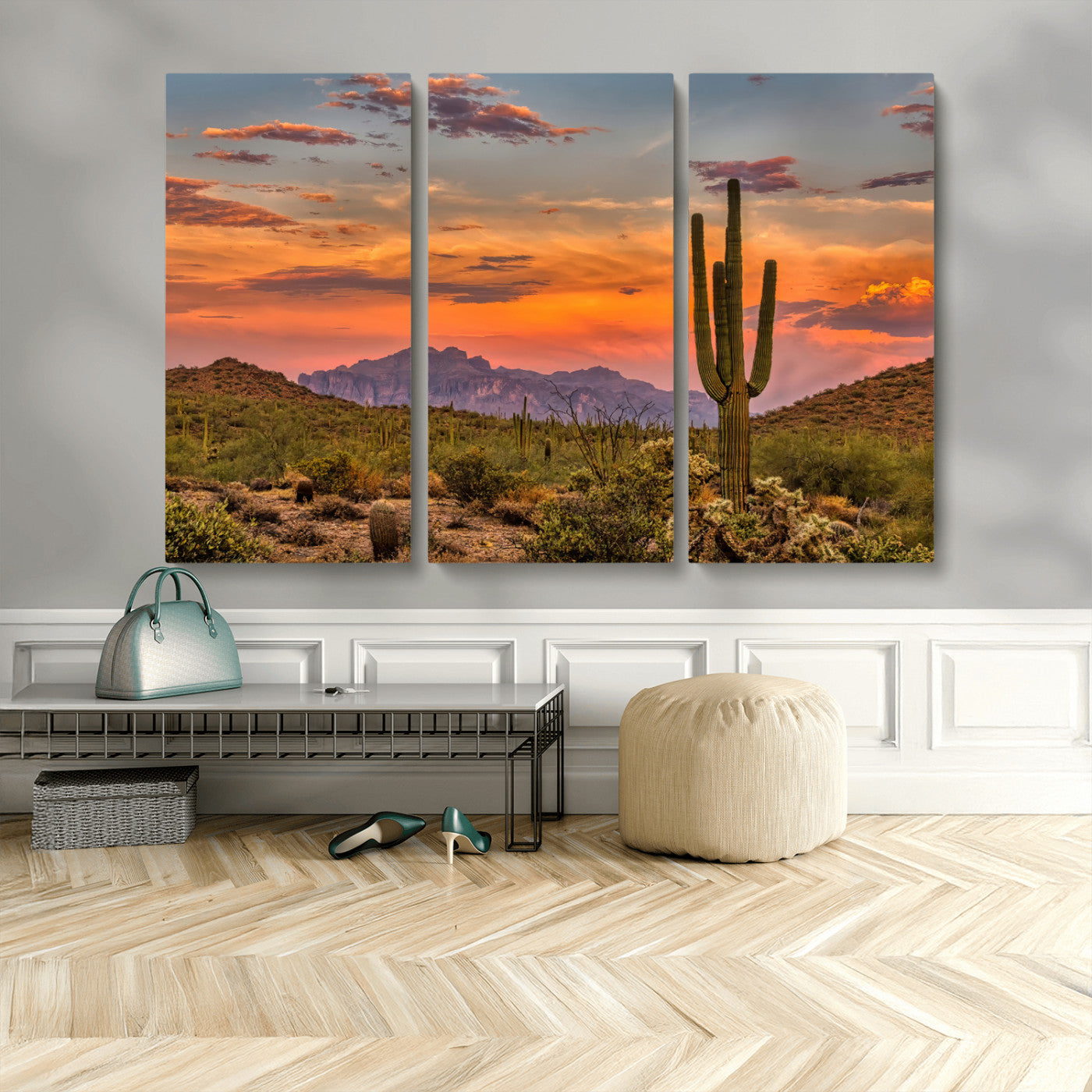 25332783-MGV-CV-48X32-3P-Saguaro Cactus Wall Art Canvas Print, Framed Arizona Sunset Art Picture Print, Sonoran Desert Perfect Southwestern Boho Decor