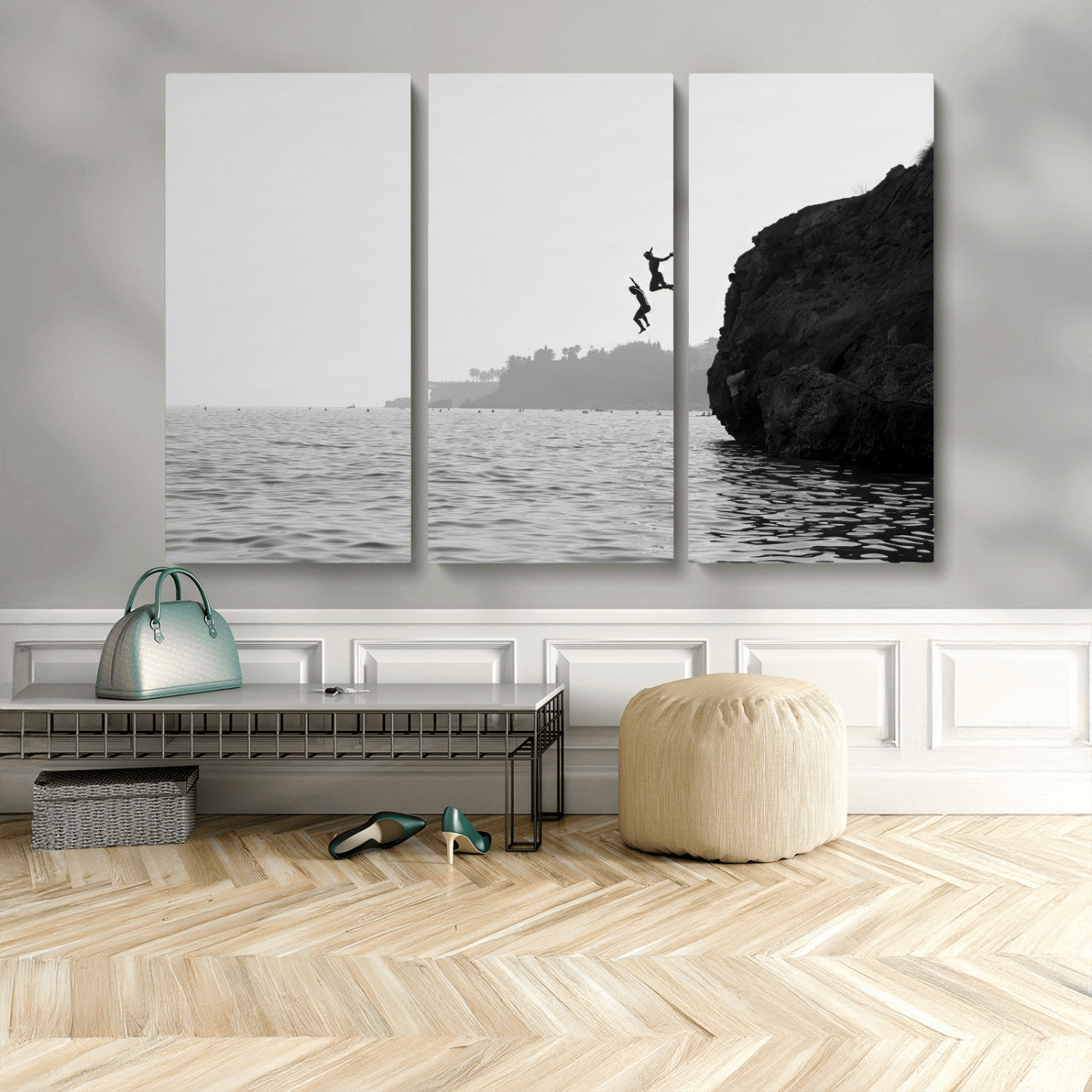 52284302-MGV-CV-48X32-3P-Cliff Jumping Wall Art Canvas Print, Framed Ocean Adventure Art Picture Print, Black White Coast Perfect Modern Coastal Decor
