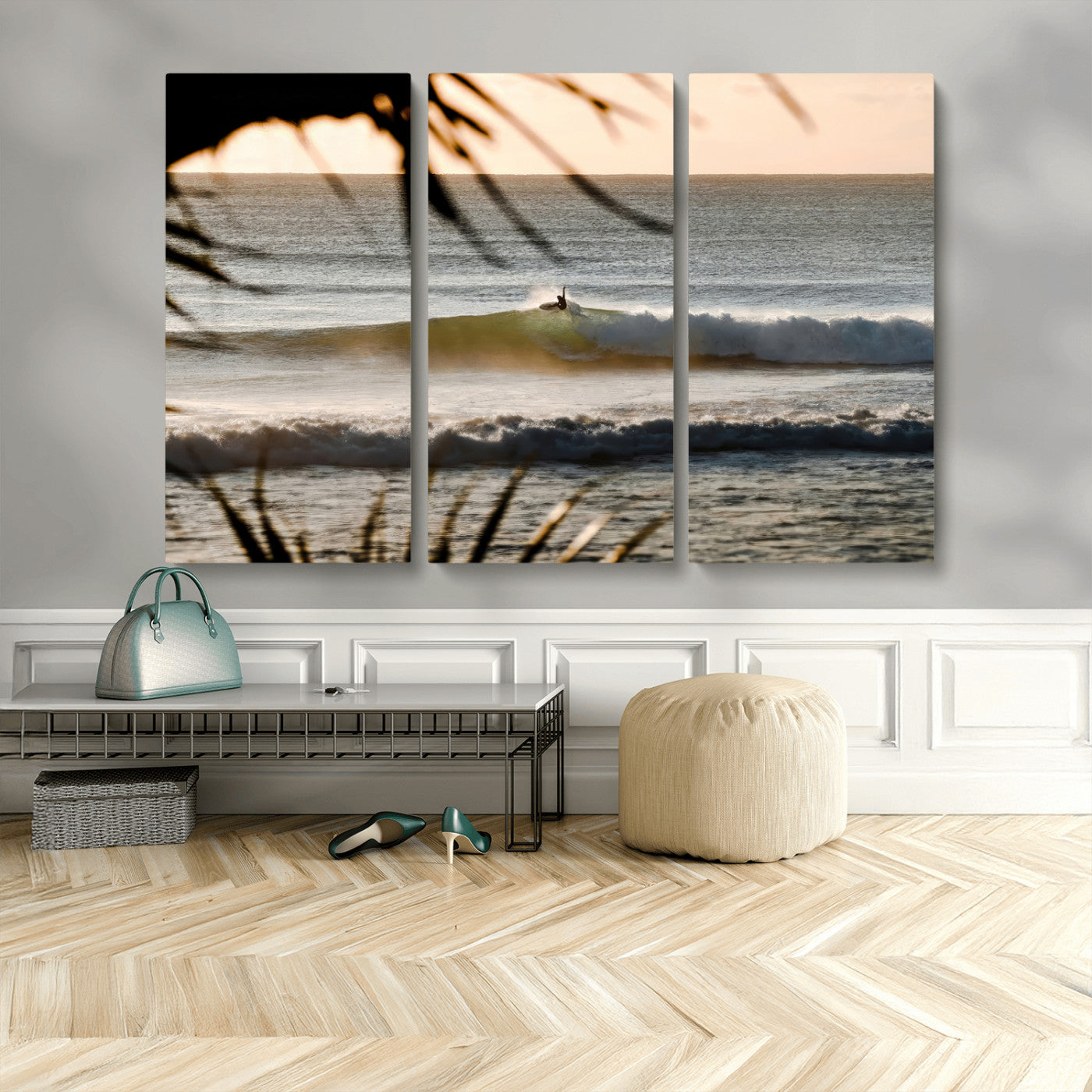 24896468-MGV-CV-48X32-3P-Sunset Surf Wall Art Canvas Print, Framed Golden Waves Art Picture Print, Tropical Ocean Perfect Tropical Boho Decor Artwork