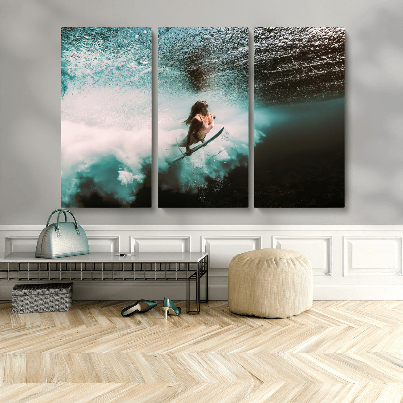 85923512-MGV-CV-36X24-Aquatic Motion Wall Art Canvas Print, Framed Underwater Swimming Art Picture Print, Female Surfer Diving Perfect Coastal Boho