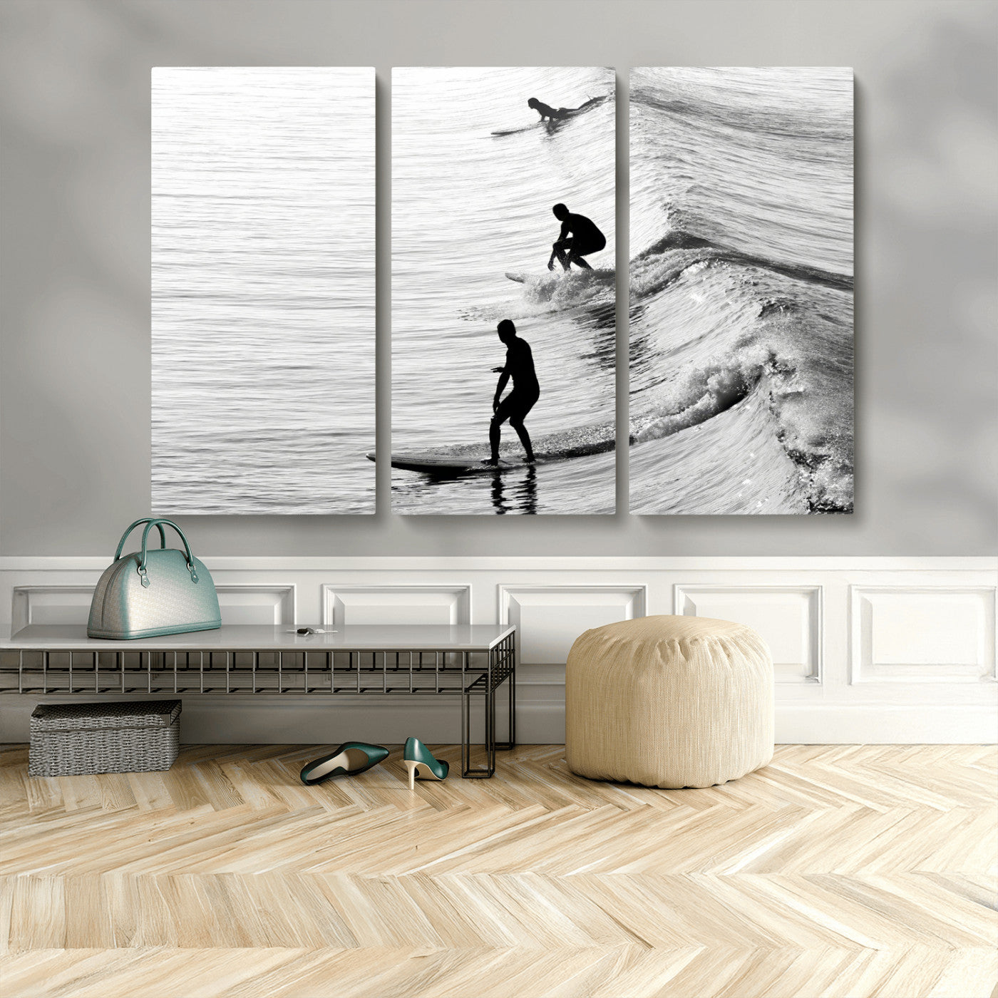 19875284-MGV-CV-48X32-3P-Surfer Waves Wall Art Canvas Print, Framed Black White Surf Art Picture Print, Monochrome Ocean Perfect Modern Coastal Decor