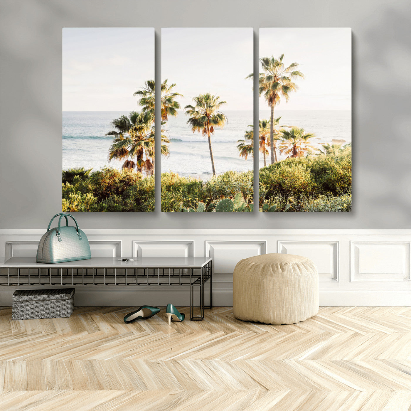 94707294-MGV-CV-48X32-3P-California Coast Wall Art Canvas Print, Framed Palm Trees Art Picture Print, Coastal Landscape Perfect Coastal Minimalist Decor