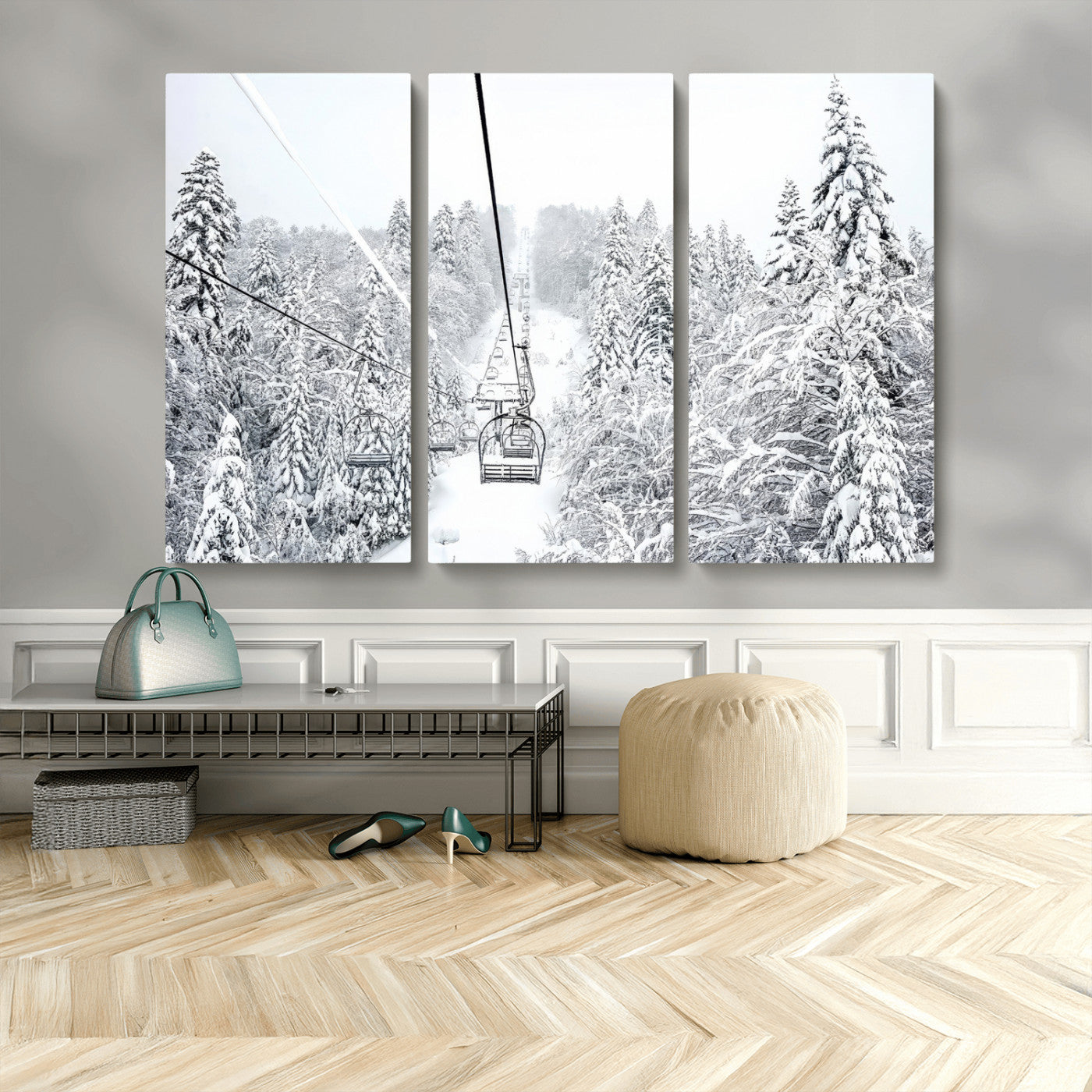 44705668-MGV-CV-48X32-3P-Winter Forest Wall Art Canvas Print, Framed Snowy Forest Art Picture Print, Ski Lift Perfect Scandinavian Decor Artwork