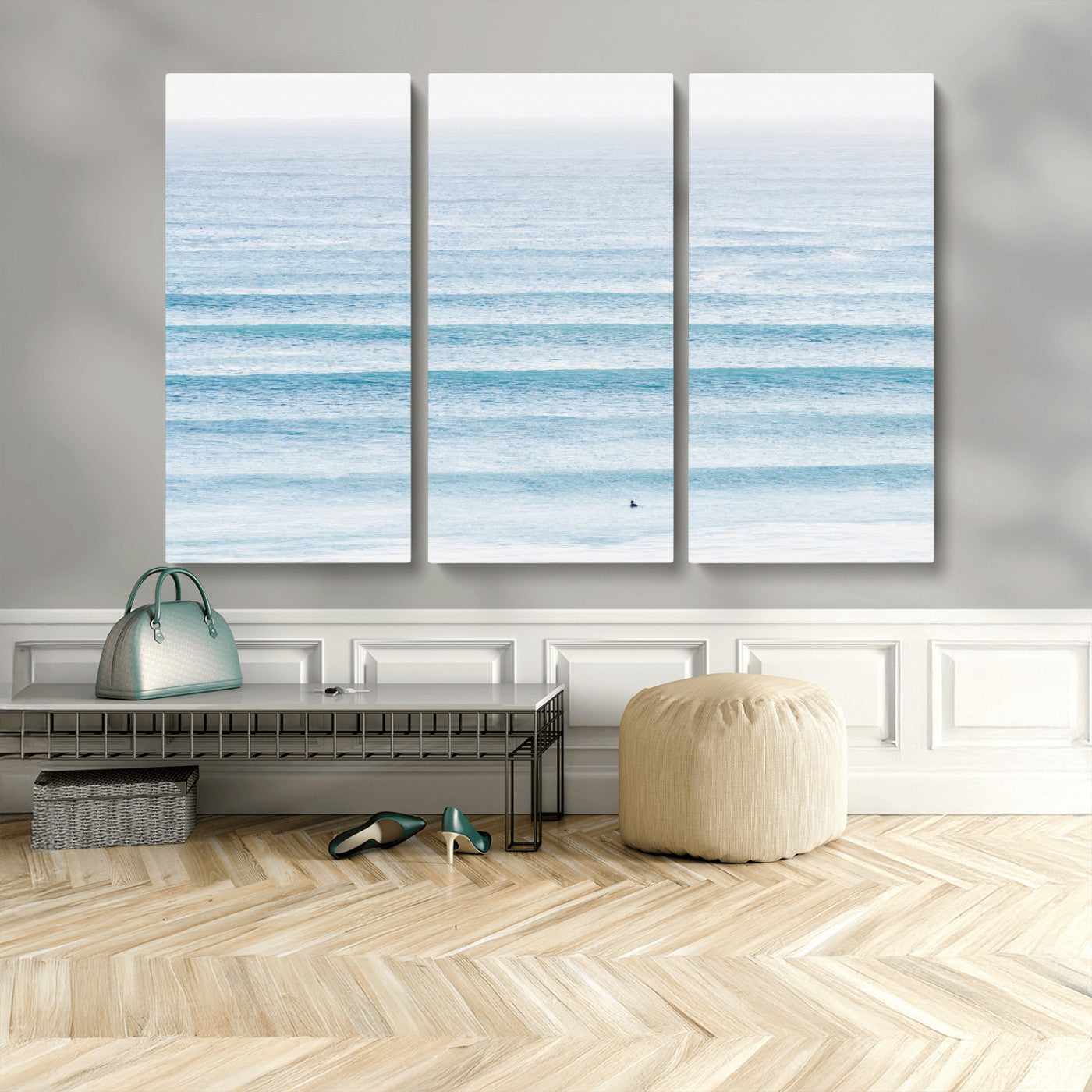 77145995-MGV-CV-48X32-3P-Ocean Simplicity Wall Art Canvas Print, Framed Surfer on Water Art Picture Print, Light Blue Perfect Coastal Minimalist Decor
