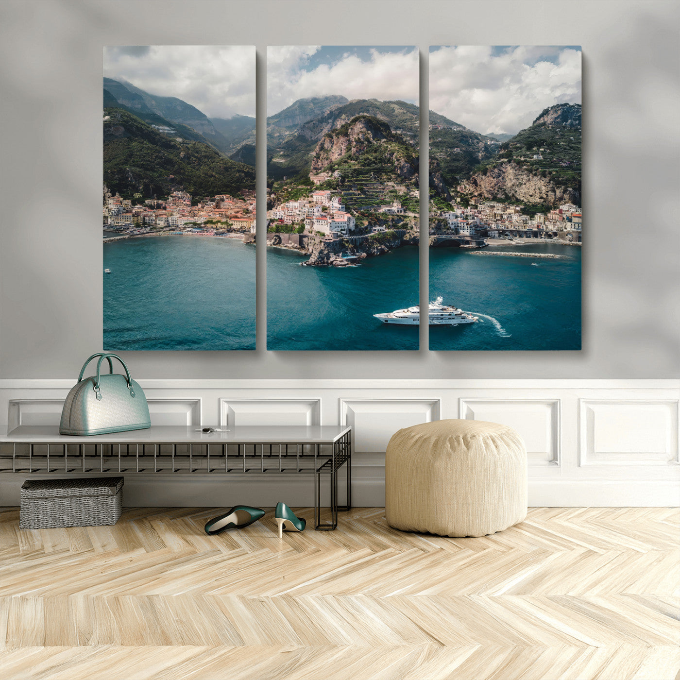 20321590-MGV-CV-48X32-3P-Amalfi Coast Wall Art Canvas Print, Framed Italy Travel Art Picture Print, Mediterranean Landscape Perfect Mediterranean Coastal