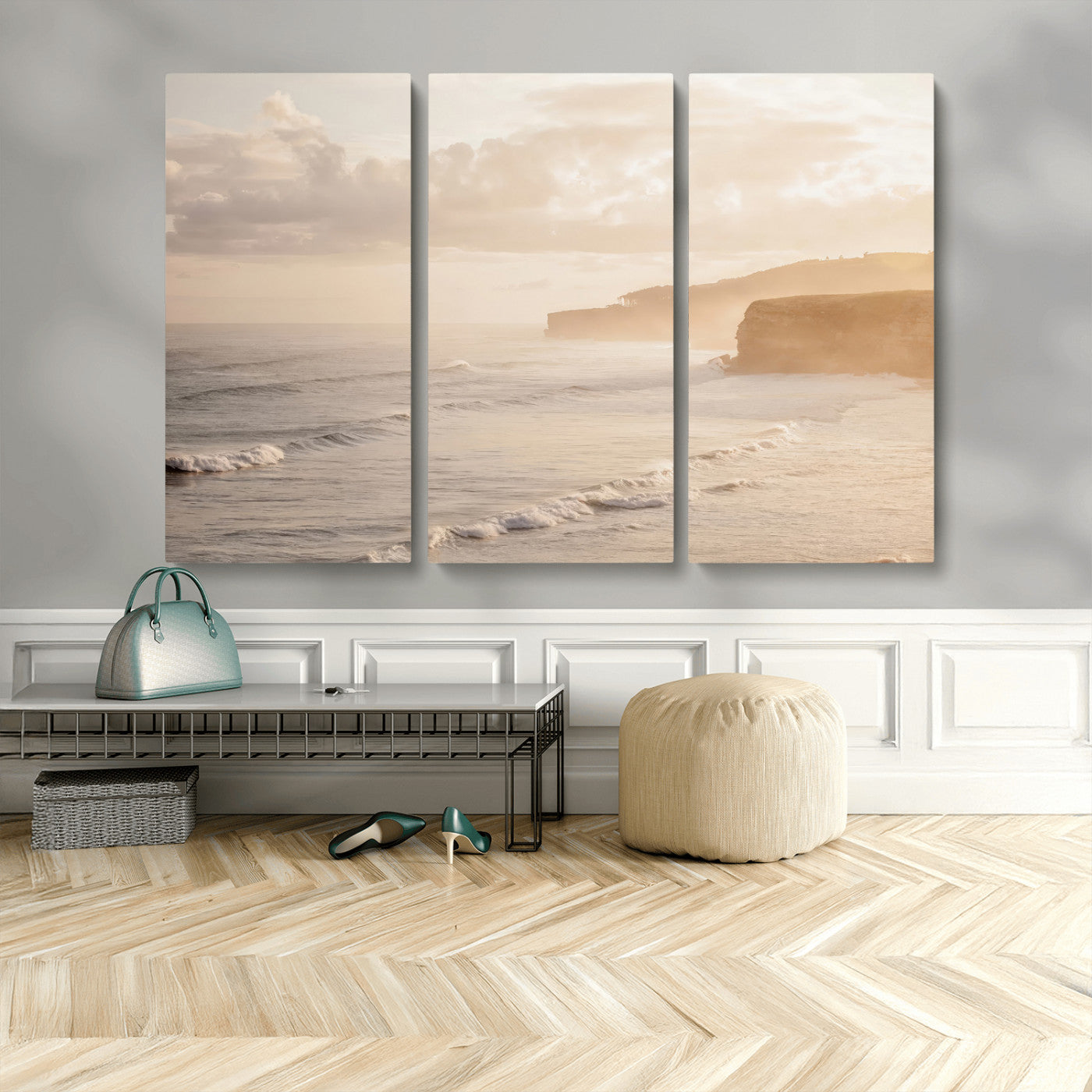57669769-MGV-CV-36X24-Misty Coastal Wall Art Canvas Print, Framed Golden Sunset Art Picture Print, Serene Shoreline Perfect Tranquil Coastal Decor
