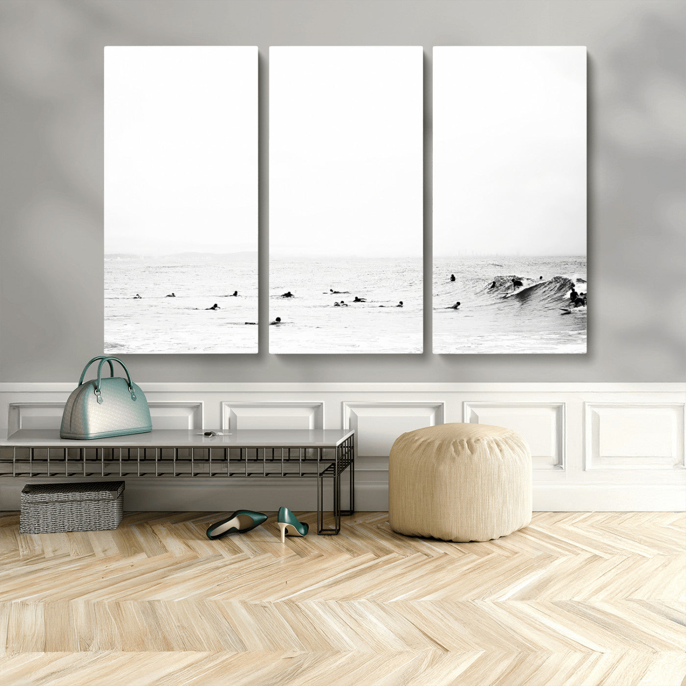 38441169-MGV-CV-48X32-3P-Monochrome Swimming Wall Art Canvas Print, Framed Ocean Horizon Art Picture Print, Moody Coastal Perfect Minimalist Coastal Decor