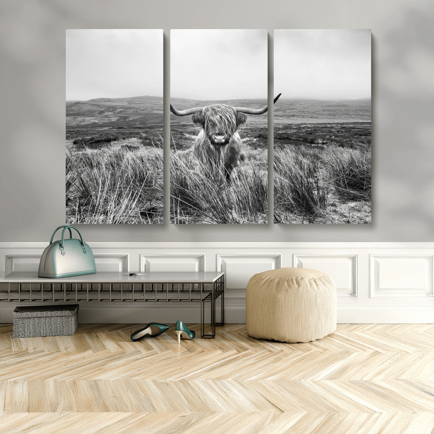24051061-MGV-CV-36X24-Monochrome Highland Cow Wall Art Canvas Print, Framed Scottish Bull Art Picture Print, Lone Cattle Perfect Rustic Farmhouse Decor
