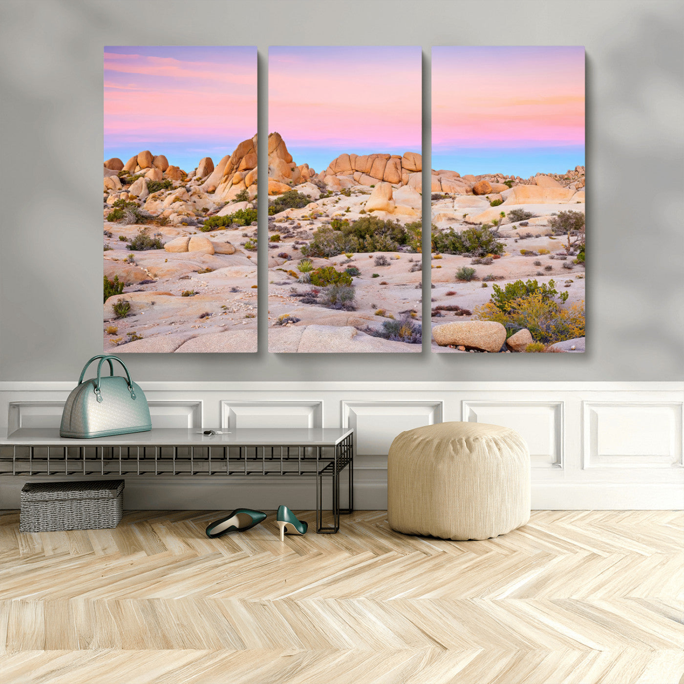 96167137-MGV-CV-48X32-3P-Vibrant Sunset Sky Wall Art Canvas Print, Framed Joshua Tree Art Picture Print, Rugged Terrain Perfect Southwestern Boho Decor