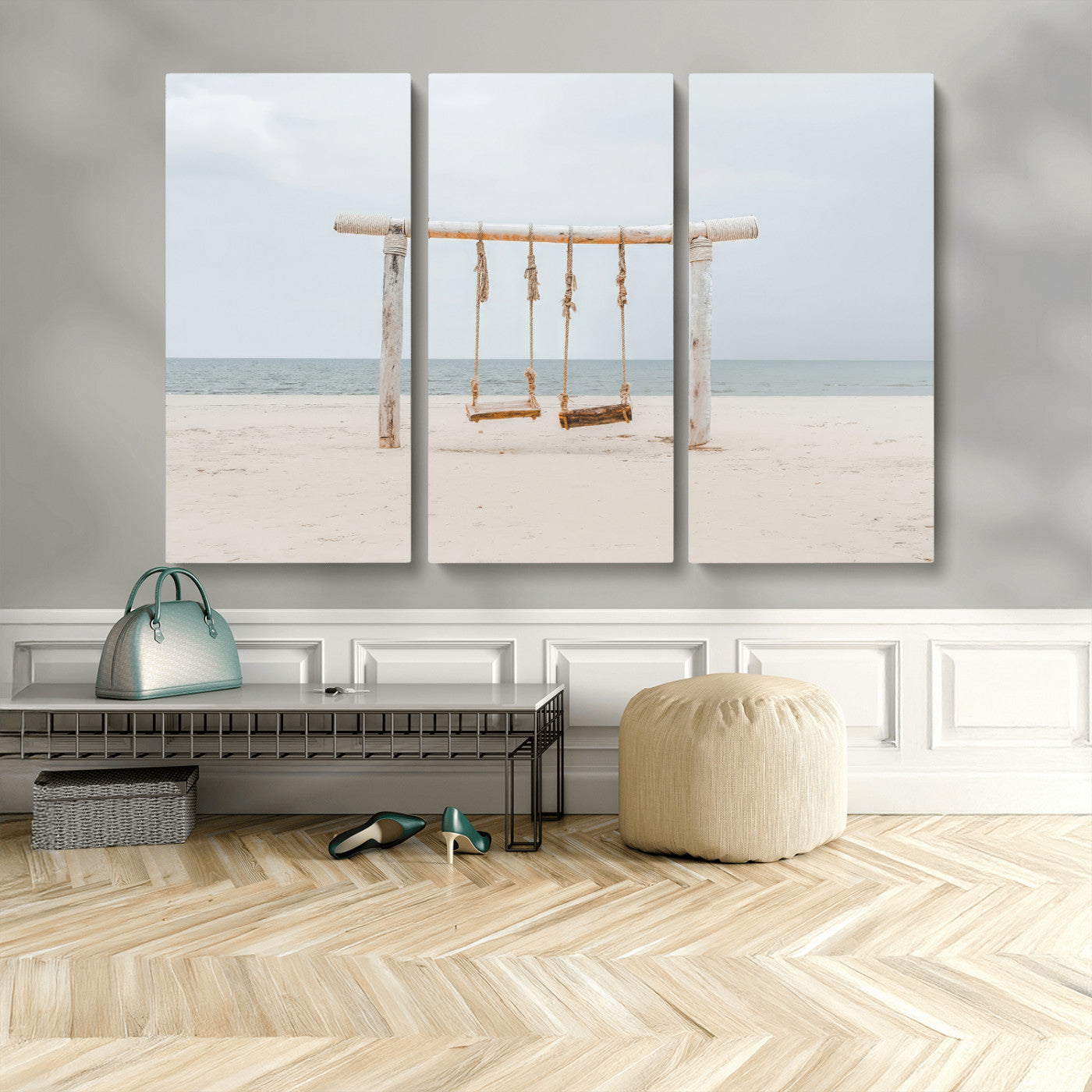 68327283-MGV-CV-36X24-Beach Swing Wall Art Canvas Print, Framed Quiet Beach Art Picture Print, Calm Shoreline Perfect Bohemian Coastal Decor Artwork
