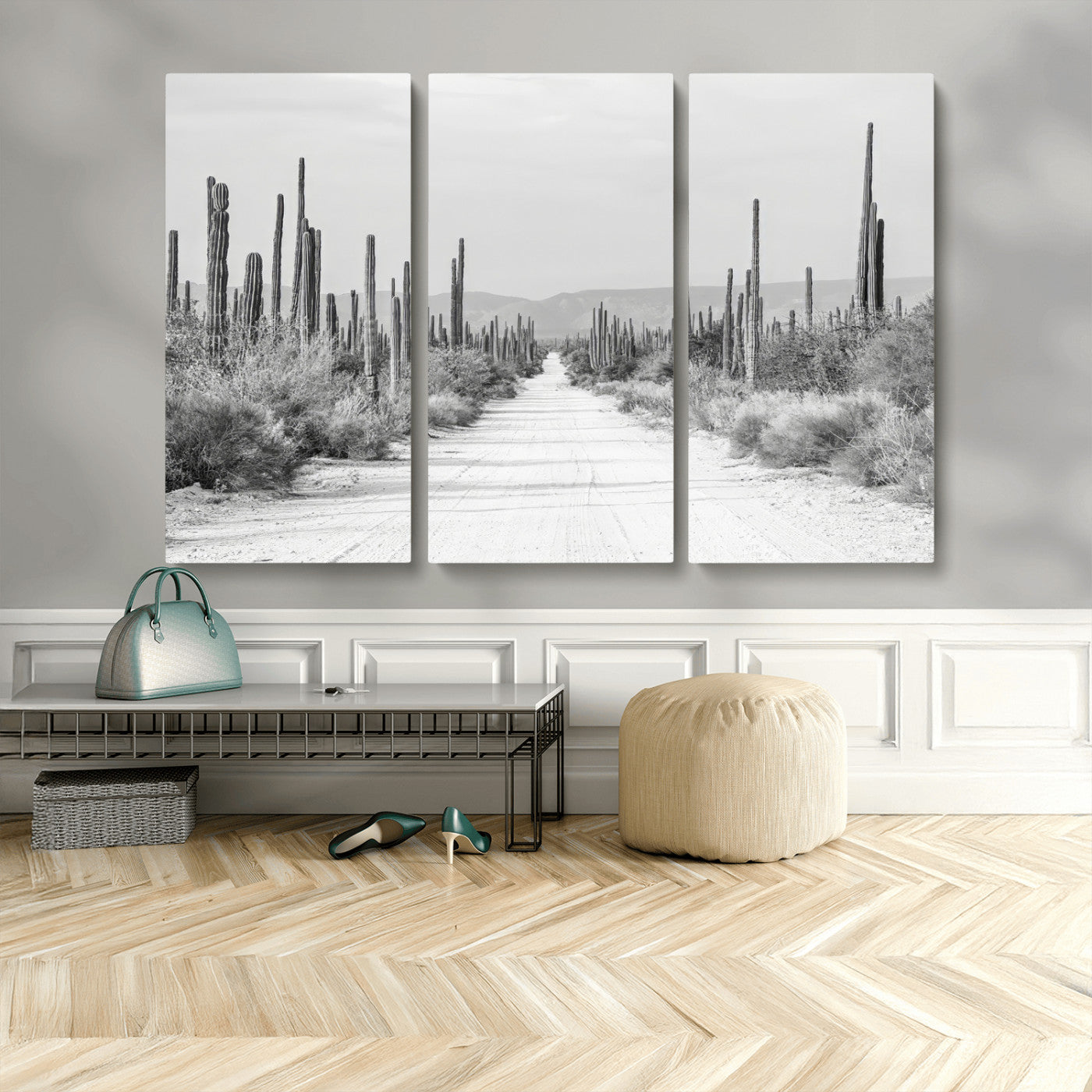 35537313-MGV-CV-48X32-3P-Monochrome Desert Wall Art Canvas Print, Framed Cactus Path Art Picture Print, Southwestern Landscape Perfect Southwestern